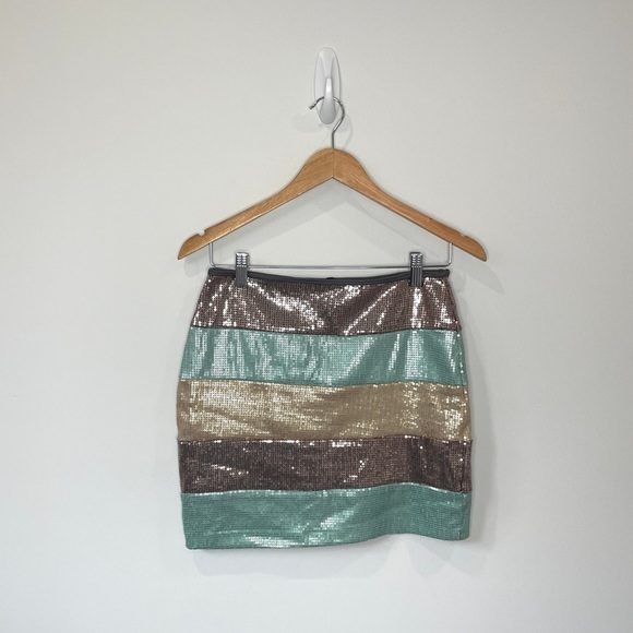 Love Culture Sequin Brown Green Mini Skirt - Picture 1 of 5